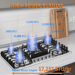 36 Inch Gas Cooktop with Griddle, Gas Stove Top with 5, Reversible Cast Iron Grill/Griddle, NG/LPG Convertible, with Thermocouple Protection, Stainless Steel
