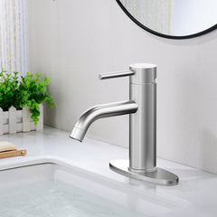 Brushed Bathroom Faucet, Single Handle Brass Sink Faucet Bathroom Single Hole with Pop Up Sink Drain Assembly and Water Faucet Supply Lines