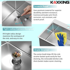 25 x 22 Inch Single Bowl Drop In Kitchen Sink Topmount 18 Gauge Stainless Steel Kitchen Sink Single Basin with Bottom Grid Drain Strainer Set