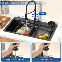 29.5 x 17.7 Inch Black Kitchen Sink, Single Bowl Stainless Steel Drop In Workstation Sink with Spring Pull-Down Faucet, Cup Rinsing Tray, Soap Dispenser & Cutting Board