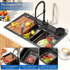 29.5 x 17.7 Inch Black Kitchen Sink, Single Bowl Stainless Steel Drop In Workstation Sink with Spring Pull-Down Faucet, Cup Rinsing Tray, Soap Dispenser & Cutting Board