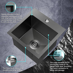 15 x 15 Inch Black Drop In Kitchen Bar Sink，18 Gauge Stainless Steel Bar Sink with Grid and Basket Strainer