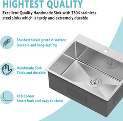 25 x 22 Inch Single Bowl Drop In Kitchen Sink Topmount 18 Gauge Stainless Steel Kitchen Sink Single Basin with Bottom Grid Drain Strainer Set