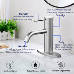 Brushed Bathroom Faucet, Single Handle Brass Sink Faucet Bathroom Single Hole with Pop Up Sink Drain Assembly and Water Faucet Supply Lines