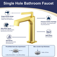 Brushed Gold Single Hole Bathroom sink Faucet with Pop-up Drain Suitable for 1 Hole
