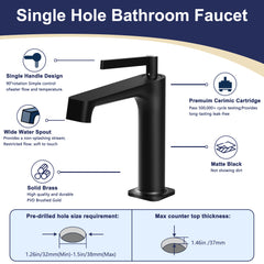 Matte Black Single Hole Bathroom sink Faucet with Pop-up Drain Suitable for 1 Hole