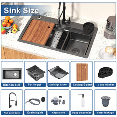 29.5 x 17.7 Inch Black Kitchen Sink, Single Bowl Stainless Steel Drop In Workstation Sink with Spring Pull-Down Faucet, Cup Rinsing Tray, Soap Dispenser & Cutting Board