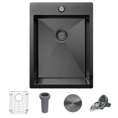 15 x 20 Inch Black Drop In Bar Sink, Single Bowl 18 Gauge T-304 Black Stainless Steel Topmount Black Bar Sink with Sink Grid & Drain