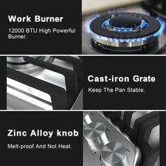 24 inch Gas Cooktop, Built-in Gas Stove Top with 4, 24 Inch NG/LPG Convertible Cooktops, Four Burner Propane Cooktop with Thermocouple Protection, Stainless Steel