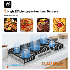 30 Inch Gas Cooktop, 5 Burner Dual Fuel Built-in Stove Top, Stainless Steel Propane/Natural Gas Cooktop with Thermocouple Protection, NG/LPG Convertible for Safe & Efficient Cooking