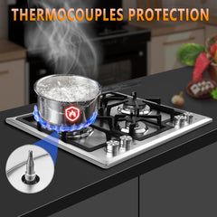 24 inch Gas Cooktop, Built-in Gas Stove Top with 4, 24 Inch NG/LPG Convertible Cooktops, Four Burner Propane Cooktop with Thermocouple Protection, Stainless Steel