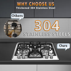 24 inch Gas Cooktop, Built-in Gas Stove Top with 4, 24 Inch NG/LPG Convertible Cooktops, Four Burner Propane Cooktop with Thermocouple Protection, Stainless Steel