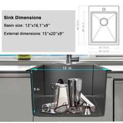 15 x 20 Inch Black Drop In Bar Sink, Single Bowl 18 Gauge T-304 Black Stainless Steel Topmount Black Bar Sink with Sink Grid & Drain