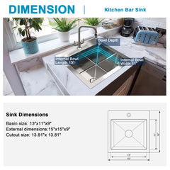 Bar Sink, KOXKING 15 x 15 inch Drop in Bar or Prep Kitchen Sink, Handmade Single Bowl T-304 Stainless Steel Small Sink with Strain